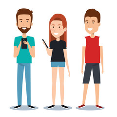 group of different young using mobile phones socializing on internet vector illustration