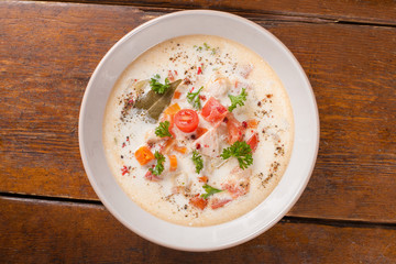 Lohikeitto Soup. Top view.