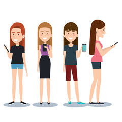 Fototapeta premium group of different young using mobile phones socializing on internet vector illustration