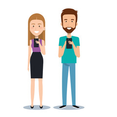 Obraz na płótnie Canvas young man and woman holding smartphone using by mobile phone cartoon vector illustration