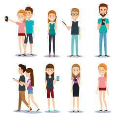 Obraz premium modern society people communication persons with mobile vector illustration