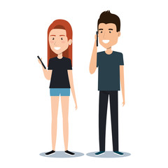 young man and woman holding smartphone using by mobile phone cartoon vector illustration