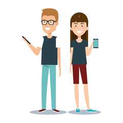 Obraz premium young man and woman holding smartphone using by mobile phone cartoon vector illustration