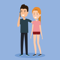Fototapeta na wymiar young man and woman holding smartphone using by mobile phone cartoon vector illustration