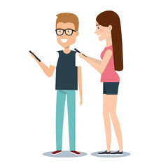 young man and woman holding smartphone using by mobile phone cartoon vector illustration