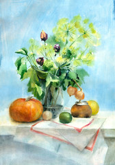 Obraz premium Watercolor painting. Still life with pumpkin and green bouquet in vase.