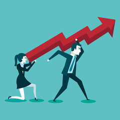business man and woman holding a red arrow up indicating successful development vector illustration