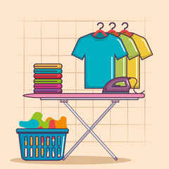 ironing board and clothes iron basket of house work cleaning service vector illustration