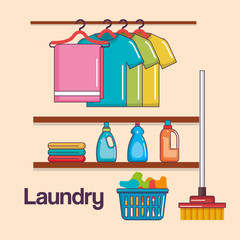 laundry service clean hanger clothes basket broom detergent vector illustration