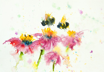 Pink flower and bee , watercolor painting