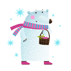 White Bear with Berries and Snowflakes