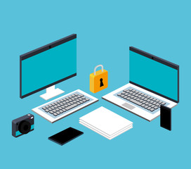 computer laptop smartphone file document secuirty technology online vector illustration