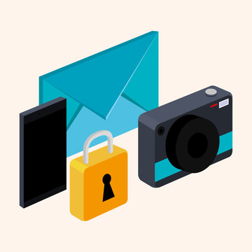 photo camera smarthpone email and lock on white background vector illustration