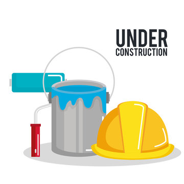 under construction poster paint roller bucket and helmet vector illustration