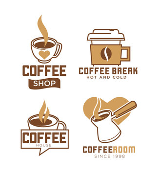 Coffee shop emblems with hot and cold beverages