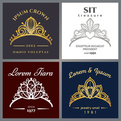 Tiara luxury logo set. Vector jewelry crowns emblems for expensive restaurant or beauty woman © vectortatu