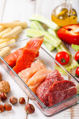 Products for a diet - raw meat of beef and chicken, a salmon and vegetables on a light wooden background. Selective focus.