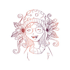 Portrait of Cute Drawing Girl . Sketchy style.