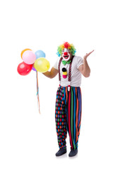 Funny clown with balloons isolated on white background