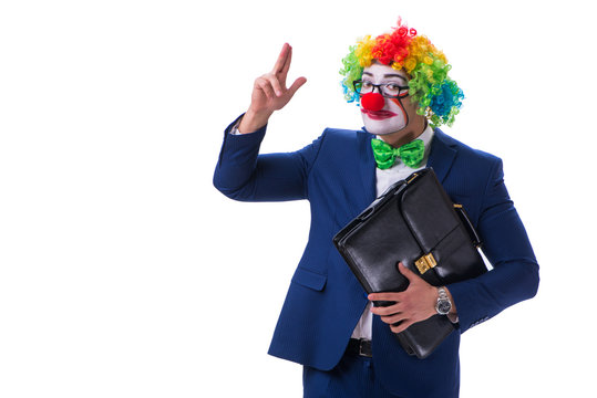 Funny clown businessman isolated on white background