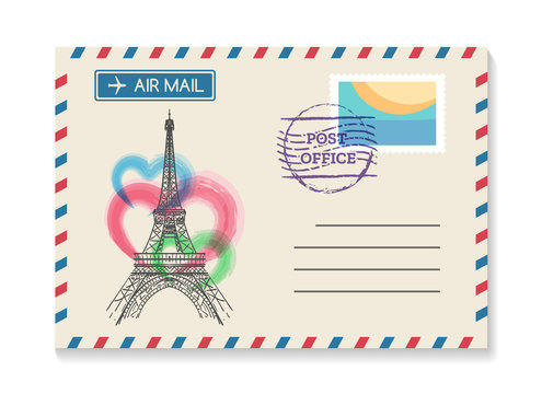 Retro Paris postal invitation. Vector vintage old wedding air mail postcard or love letter from France with Eiffel Tower