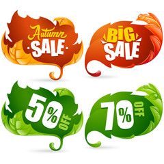 Vector fall leaves frame set. Lettering of Autumn Big Sale Text. Red, yellow and green leaf isolated on white background. Use by Discount Sticker, Icons or Banners