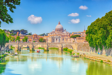 Fototapeta premium View on Bridge Vittorio Emanuele II (Ponte Vittorio Emanuele II) and Vatican city St. Peter's Basilica (Basilica di San Pietro) . Rome. Italy.