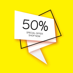 Modern paper cut geometric sale banner, special offer, 50 percents discount. Origami Trendy Label tag temlate. Shop now. Space for text. Yellow background. Vector