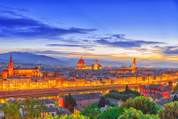 Beautiful landscape above, panorama on historical view of the Florence from  Piazzale Michelangelo point. Night time.Italy.