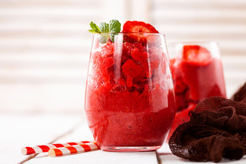 Berry drink. Strawberry smoothie. Berry milkshake. Selective focus. Copy space.