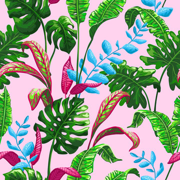 Tropical seamless pattern with palm leaves.
