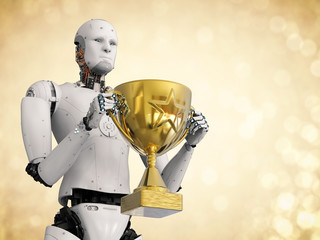 robot holding golden trophy