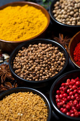 aromatic oriental spices in assortment, vertical top view