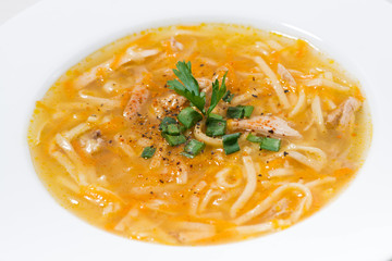 chicken soup with egg noodles, closeup