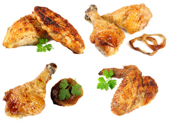 set of grilled chicken fillet, legs, wing, isolated on white background. collection. large resolution