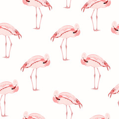 Beautiful exotic pink flamingo wading bird standing posture. Seamless pattern on white background. Vector design illustration for fashion, textile, fabric, decoration.