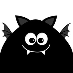 Funny monster head silhouette with big eyes, fang tooth and wings. Cute cartoon character. Black color. Baby collection. Isolated. Happy Halloween card. Flat design.