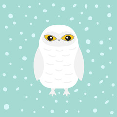 White Snowy owl. Sitting bird with wings. Snow barn. Yellow eyes. Arctic Polar animal collection. Baby education. Flat design. Isolated. Blue winter background with snow flake.