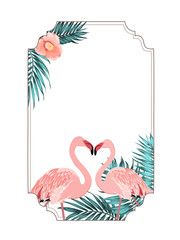 Exotic tropical border frame template for event invitation card. Pink flamingo birds beak to beak heart shape. Jungle tree leaves and camelia flower decoration. Vector design illustration.