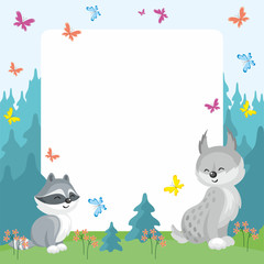 Fototapeta premium Baby colorful background with the image of a cute woodland animals. Vector illustration.