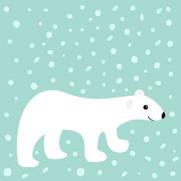 Arctic polar white bear cub. Cute cartoon baby character. Flat design. Winter blue background with snow flake.