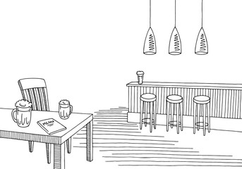 Cafe bar graphic black white interior sketch illustration vector