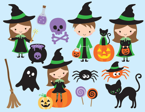 Cute halloween vector with little witch and wizard, black cat, spider, ghost, pumpkin, bat, skull, and other halloween graphic elements.