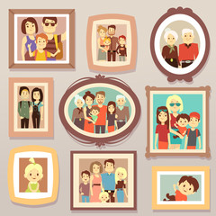 Big family smiling photo portraits in frames on wall vector illustration