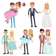 Happy smiling wedding couples isolated vector set. Young brides and grooms cartoon characters