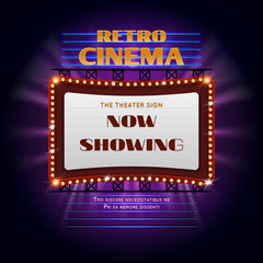Retro hollywood cinema 3d glowing light sign. Movie light display billboard vector illustration