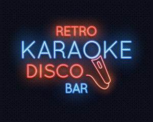Retro disco karaoke bar neon light sign vector illustration