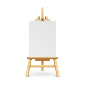 Wooden Paint Board With White Empty Paper Frame. Art Easel Stand With Canvas Vector Illustration