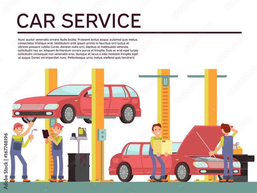 Sticker Automobile service and vehicle check vector background with car and mechanics in uniform