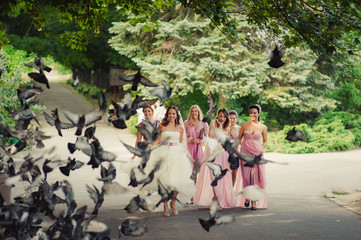 Bride with bridesmaids in pink dresses for a walk